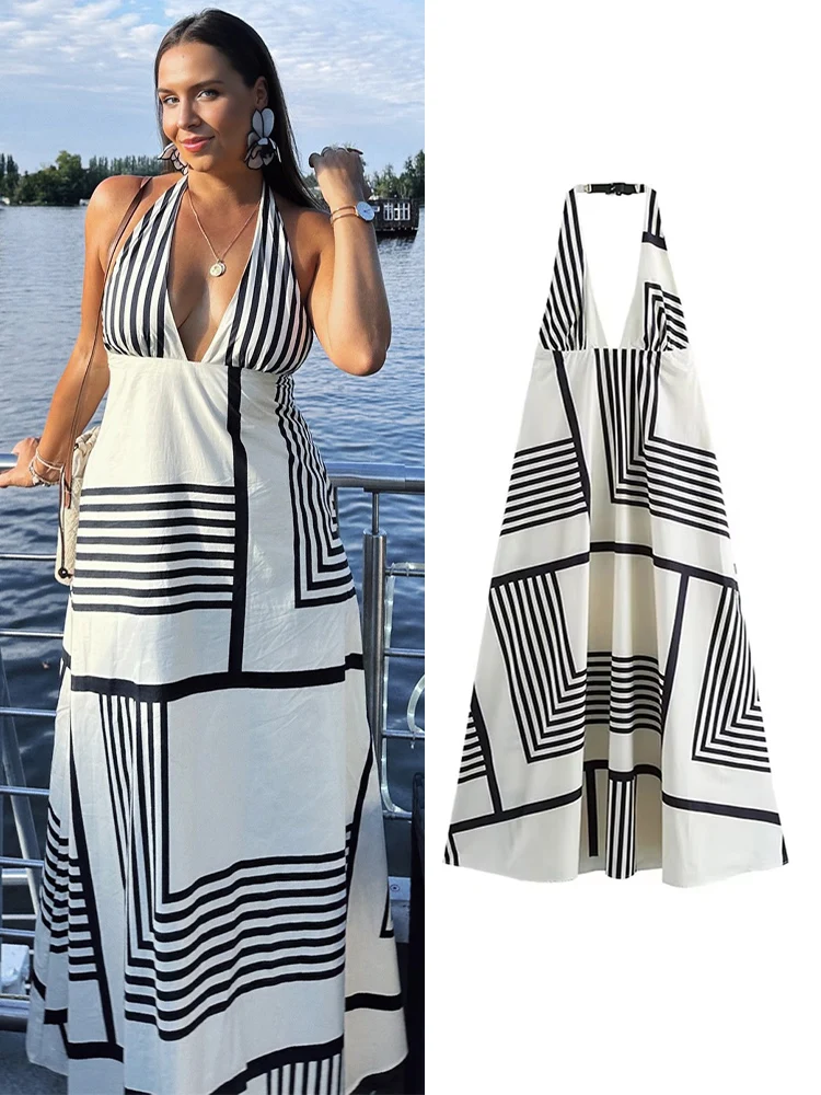 

TRAFZA Woman's Beach Style Chic Long Dress White Black Stripe V-Neck Sleeveless Backless Zipper Summer Dresses Woman Trendy