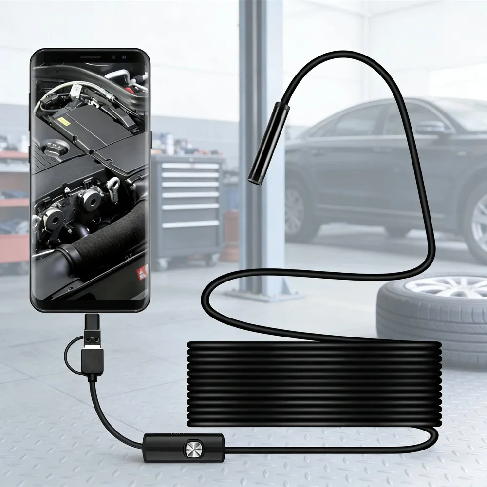 7MM Endoscope Camera 3 IN1 Micro USB Type C Borescope Mini Camera 6 LED Adjustable Borescope for Android Type-C Phones PC
