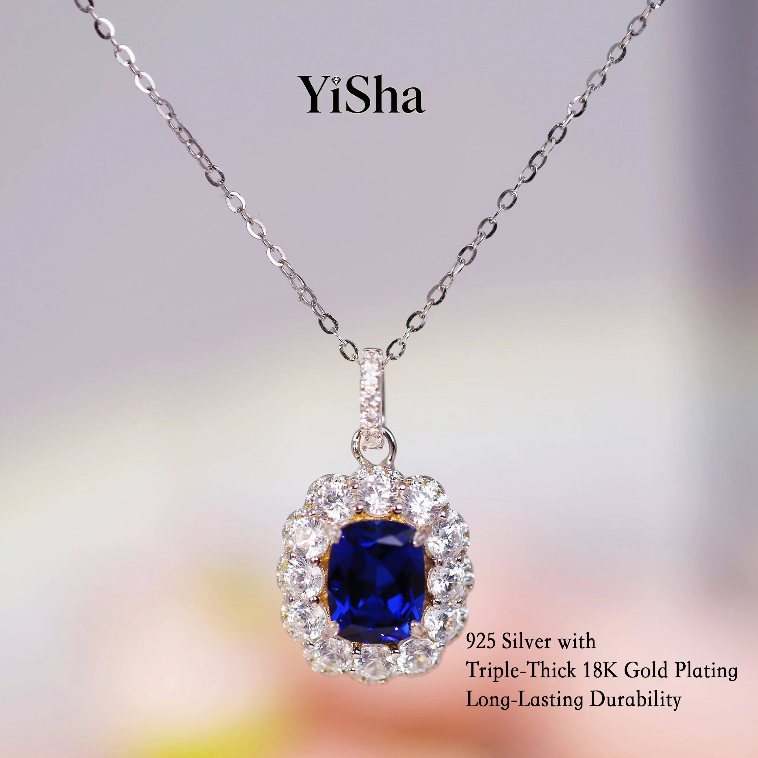 

Cushion Cut Lab-Created Sapphire necklace 925 Silver with Triple-Thick Gold Plating Long-Lasting Durability-Gift for women