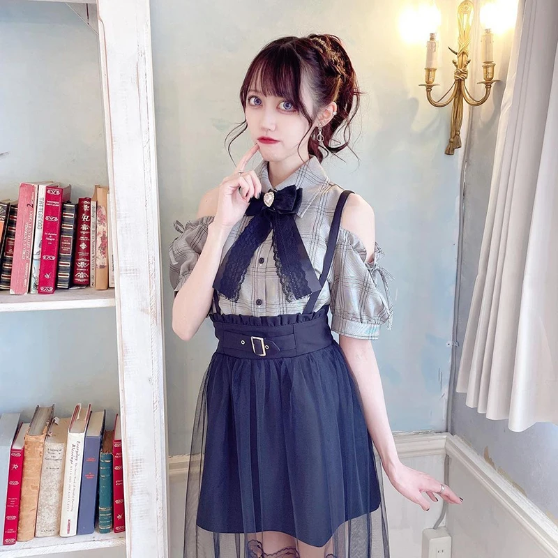 Japanese Style Mass-Produced Polo Collar Off-Shoulder Puff Sleeve Blouse Sweet Cute Versatile Lace-up Bow Plaid Shirts Top Women