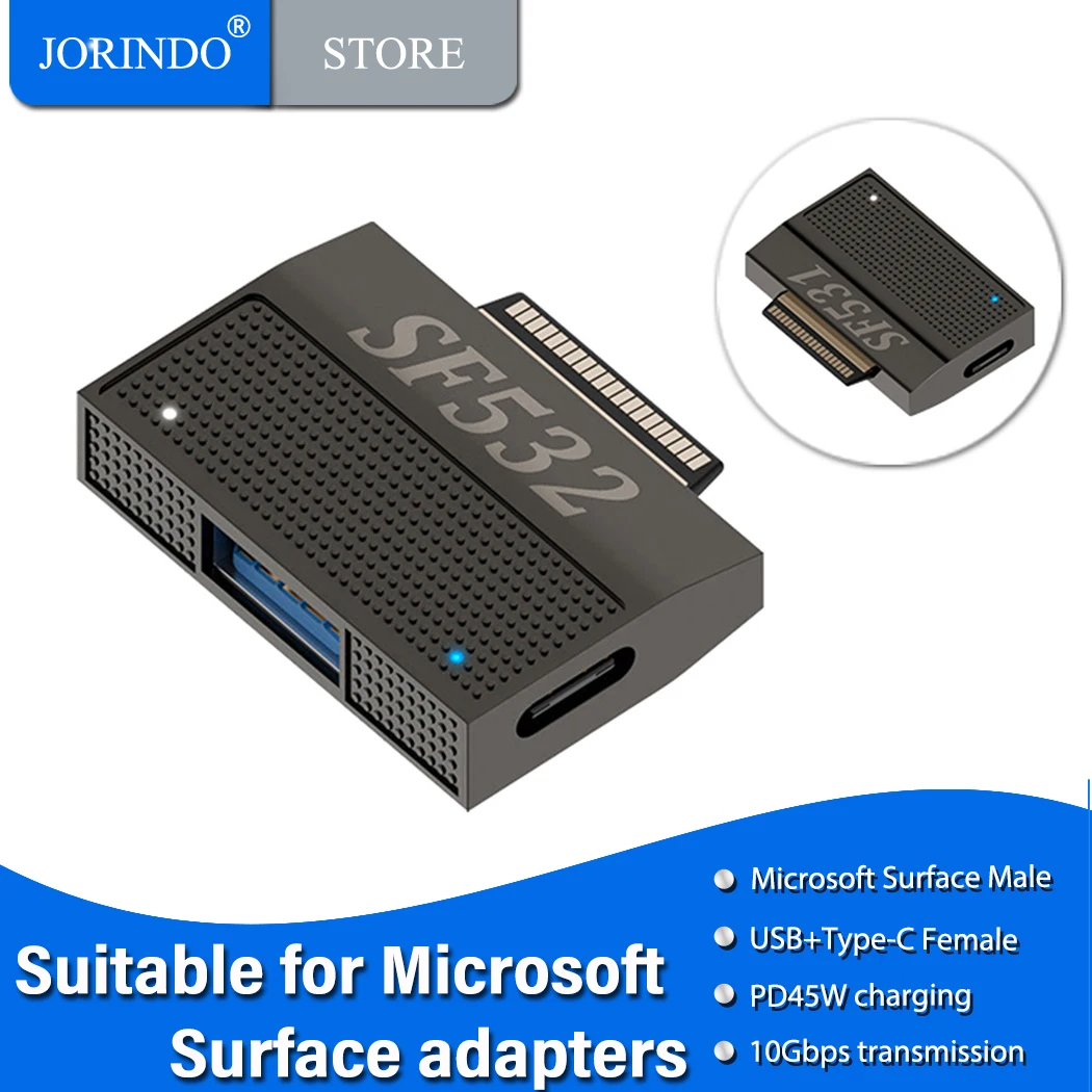 JORINDO suitable for Microsoft Surface to USB+Type-C converter PD45W charging adapter USB3.1 10Gbps data transmission connector