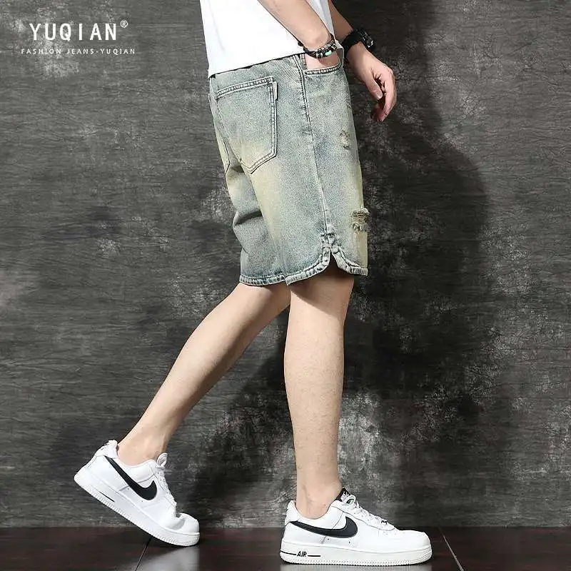 Light Denim Shorts 2025 Ripped Denim Men's Jeans Shorts Loose Design Casual Pants Summer Brand Ins High Street Medium Pants