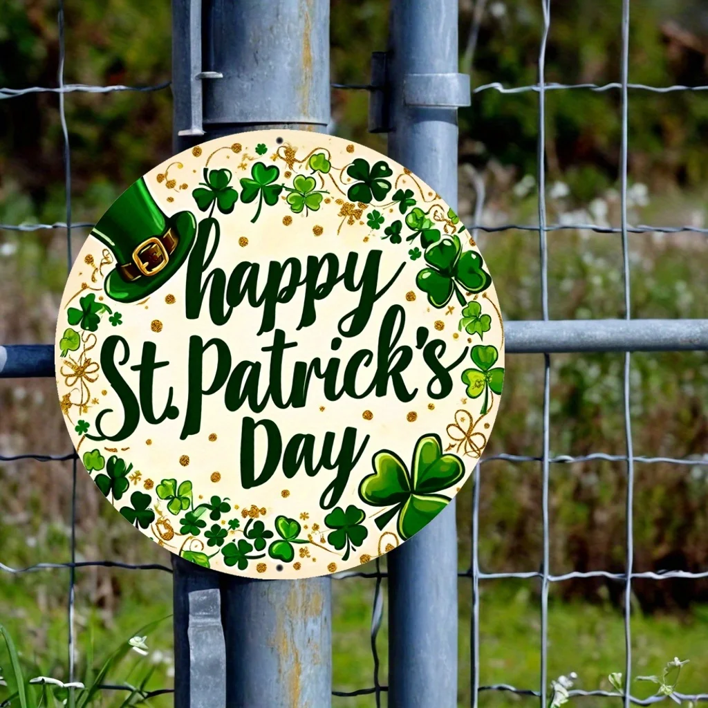 1pc, Round 20X20 Cm (8X8 Inches) Happy St. Patrick'S Day Metal Round Sign - Vibrant Green And White Colors, Featuring a Shamrock