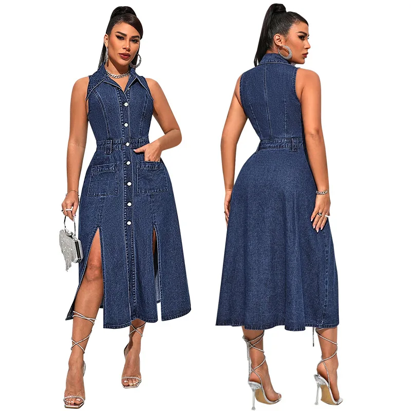 

Summer 2026 Women's Fashion Sleeveless Skirt with Slit Waist-Hugging Denim Dress