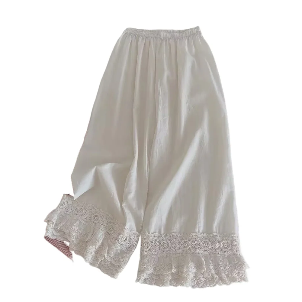 Fashion Summer Women Trousers Layered Lace Patchwork Elastic Waist Loose Soft Ruffle Ankle-Length Cotton Linen Pants Cute