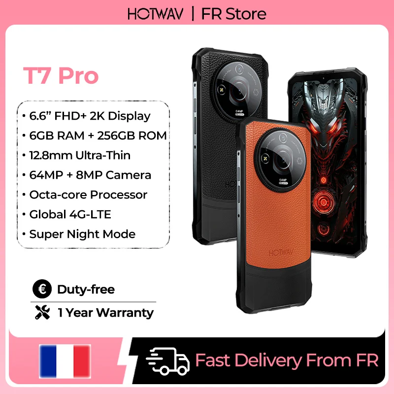 T�l�phone robuste HOTWAV T7 Pro Octa-core, �cran FHD+ 2K de 6,6 pouces, 6 Go de RAM, 256 Go de ROM, appareil photo 64 MP, mode nuit avanc�, Android 13, batterie 6280 mAh, double 4G, NFC, GPS, t�l�phone portable ultra-fin