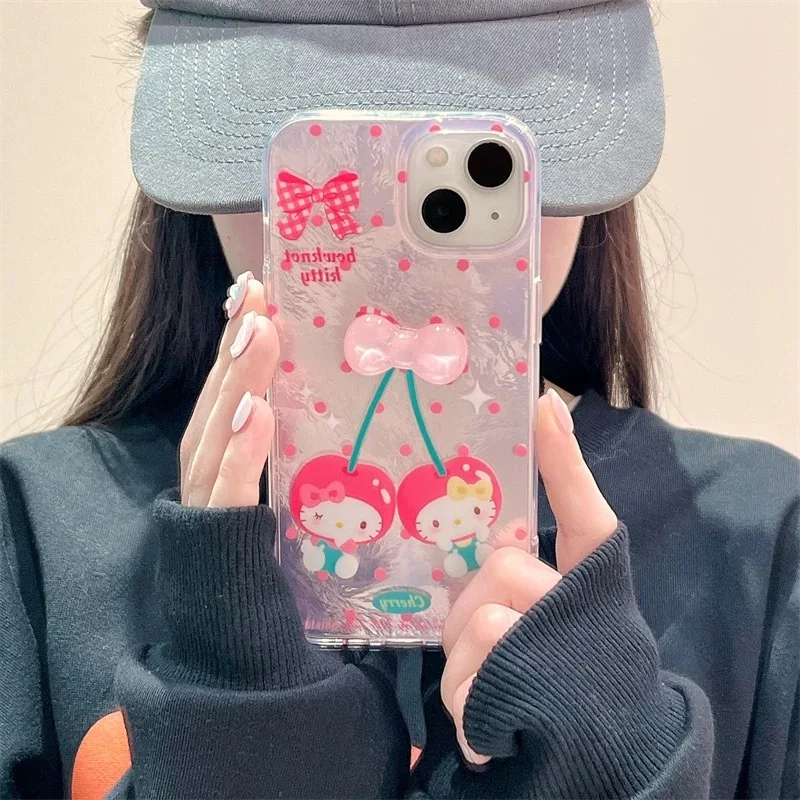 Cute Cartoon Cherry Bow Hello Kitty Cat Phone Case For iPhone 12 13 14 15 Pro Max 3D KT Lovely Wave Point Kitty Shockproof Cover