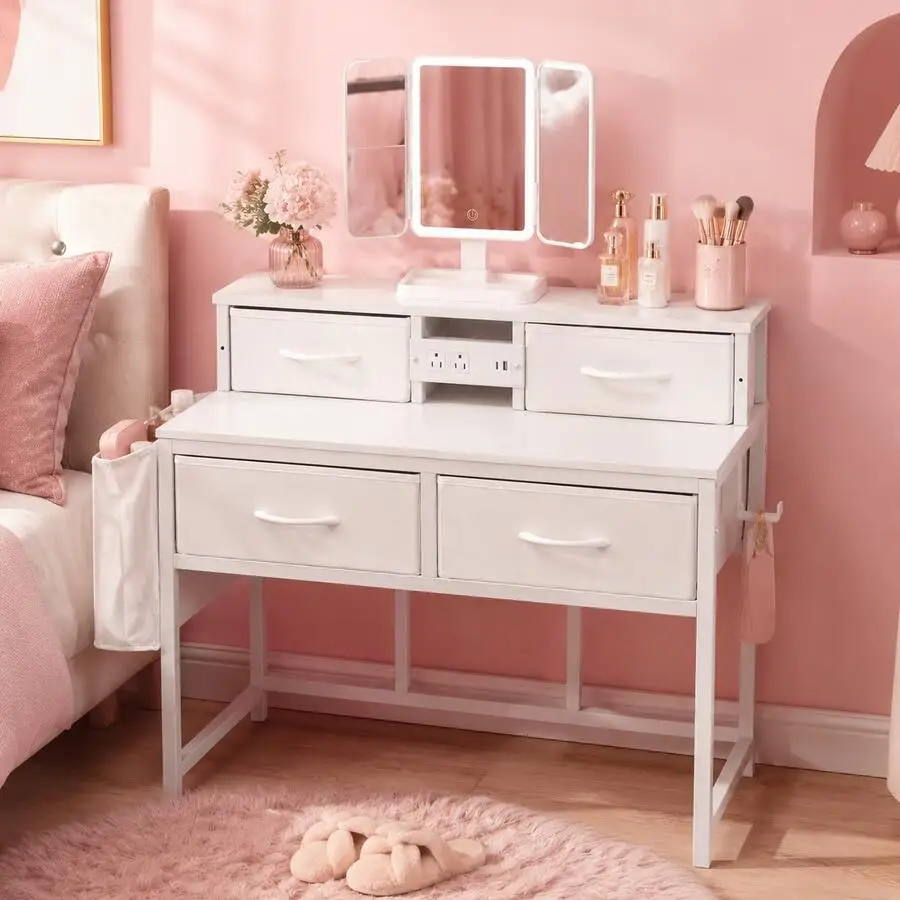 Modern Vanity Desk With Mirror And Storage Drawers, Makeup Table With Tri-Folding Mirror, Charging Station, Fabric Drawer Organi