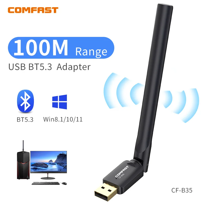 

100M Bluetooth 5.3 Adapter Free Driver USB Bluetooth Dongle Adaptador for PC Windows 11/10 /8.1 Mouse Keyboard Audio Receiver