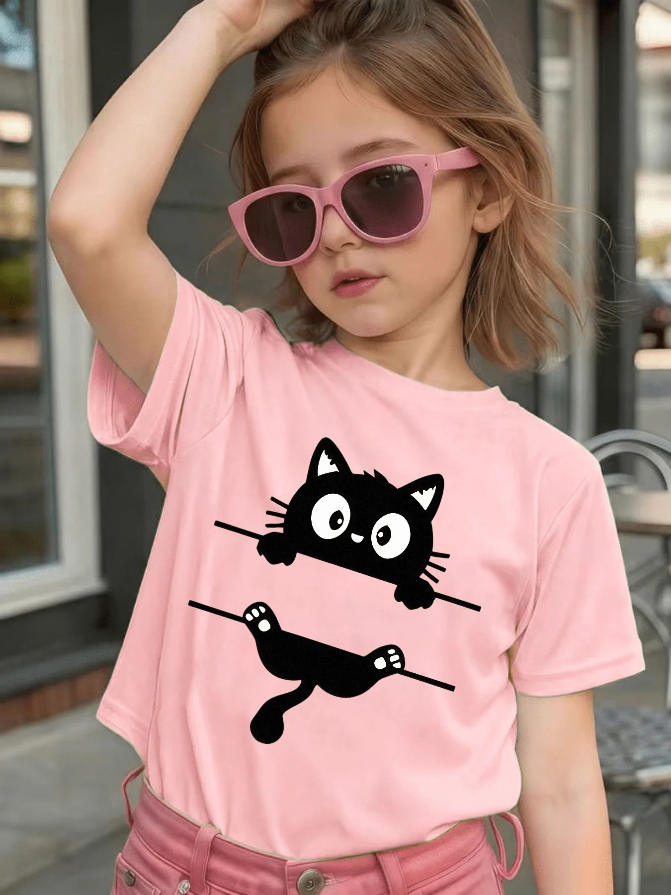 Cute Hanging Black Cartoon T Shirt Boys Girls Family Match Soft Cotton Short Sleeve Summer Children Casual Basic Daily Wear