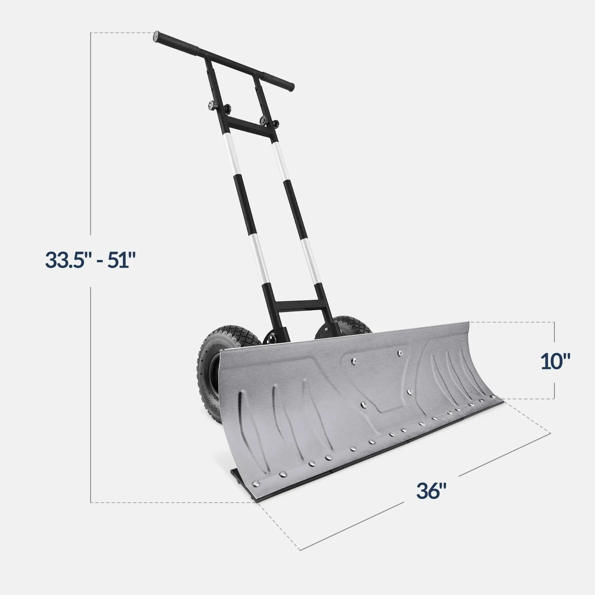 36in Galvanized Blade Heavy-Duty 2-Wheel Snow Pusher Hand Plow for Snow Removal w/Wheels, Adjustable Handle, Blade
