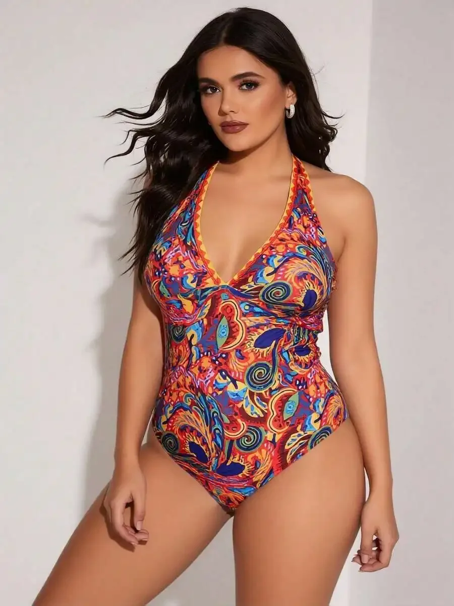 Womens One-Piece Swimsuit Vibrant Multicolor Paisley Print Halter With Contrast Trim