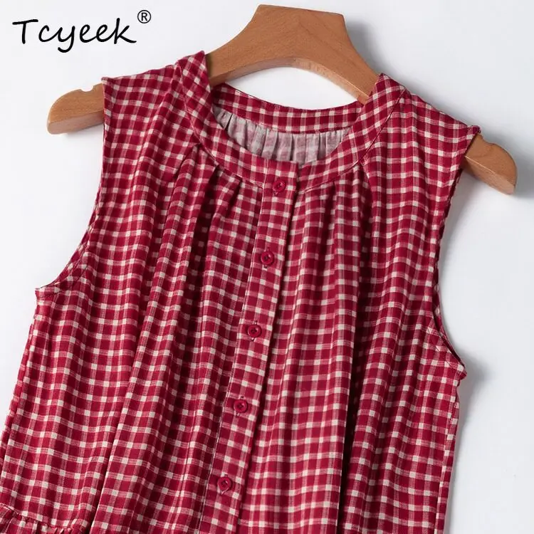 

Tcyeek 50% Mulberry Silk 50% Cotton Sleeveless Dress for Women Elegant Womens Dresses Maxi Plaid Loose Fit Платье Женское