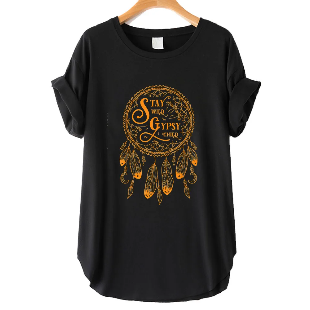 Seeyoushy STAY WILD GYPSY CHILD Fun Printed Ladies Top 2023 New girocollo manica corta t-shirt da donna con spacco laterale abbigliamento donna