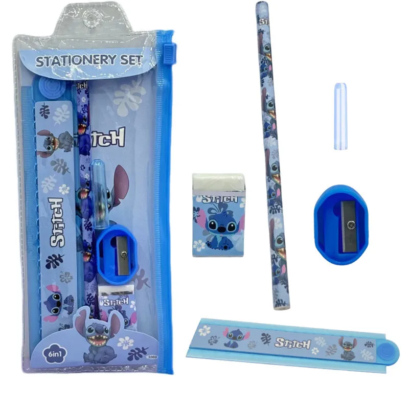 6pcs/set Stitch Disney Anime Stationary Set Cartoon Pencil Ruler Eraser Pencil Sharpener Mini Set Student Figure Toys Xmas Gift