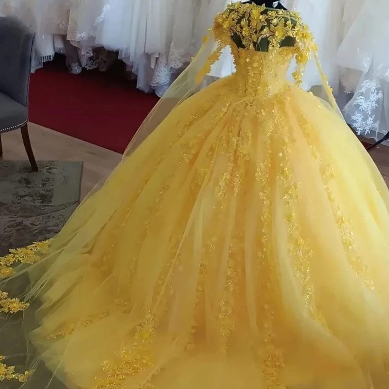 Mexican Luxury Yellow Quinceanera Dresses With Cape Appliques Flower Sweet 15 16 Years Birthday Party Prom Dress Pageant Vestido