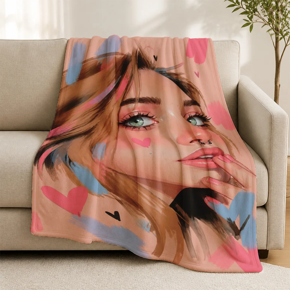 Aesthetic Woman Portrait Watercolor Print Throw Blanket for Sofa Cozy Living Room Decor Chunky Fleece Cover Stylish Art Home Acc