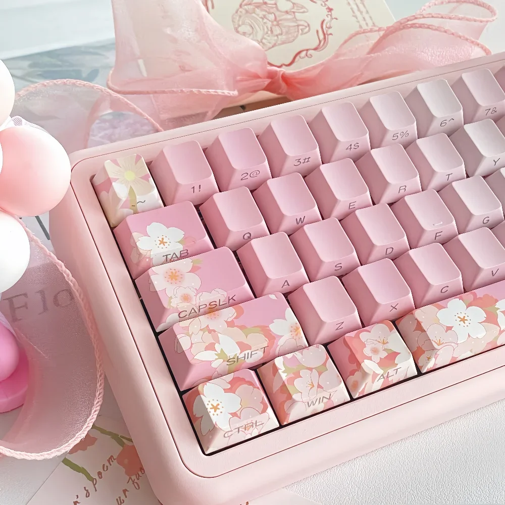 Cherry Profile Side Engraved Translucent Pink Sakura Keycaps PBT Thermal Sublimation Customized Mechanical Keyboard Key Caps