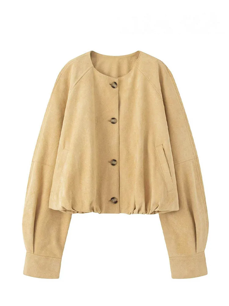 

HH Female New Fashion Side Pocket Casual Loose Solid Short Coat Women O-Neck Single-breasted Long Sleeve Autumn Jackets