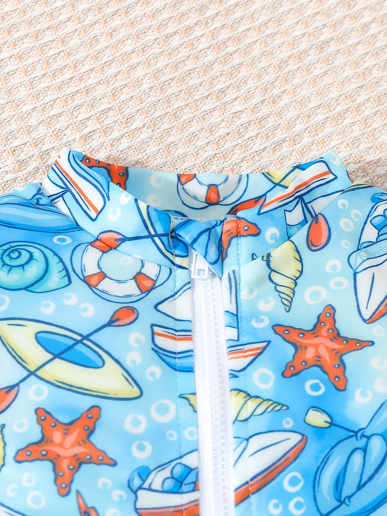 Baby Boy Summer Holiday Casual Seaside Swimming Cartoon Sea Animal Print Front Zipper Round Neck Short Sleeve One-Piece Shorts Swimsuit