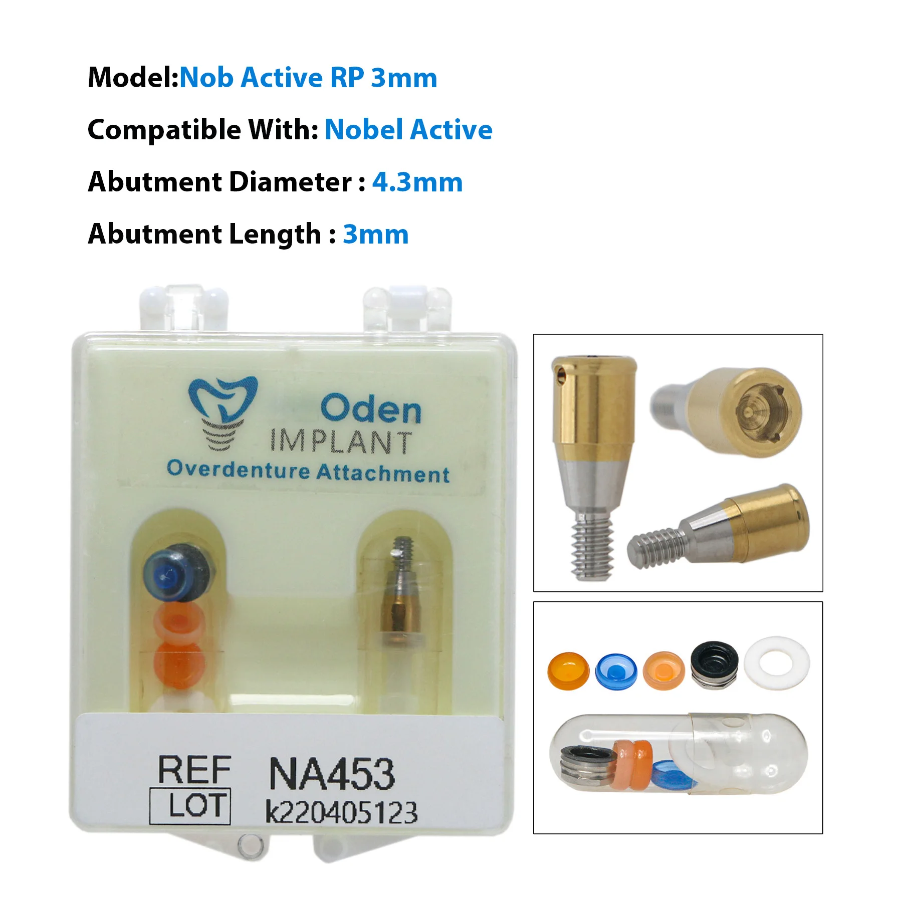 Dental Attachment Abutment and Overdenture Male Caps Kits for Nobel RP Ø4.3mm 3/4/5mm