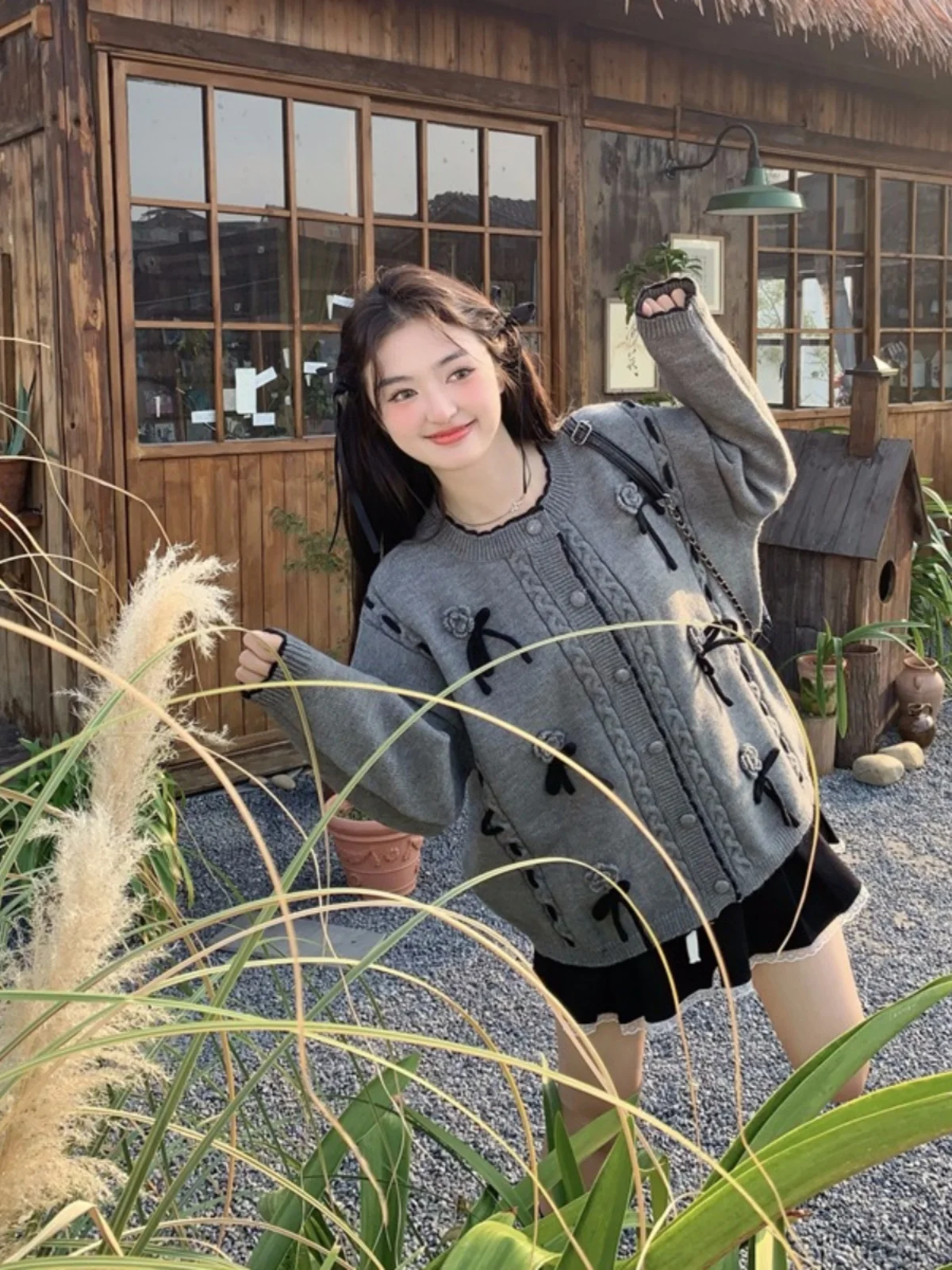 Chic O-Collo 3d Fiore Fiocco Cardigan di lavoro a maglia Abbigliamento da donna Dolce Ragazze Patchwork Maglione Maglieria casual Pullover grigio Top