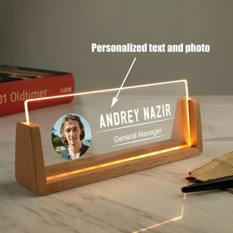 Personalized Desk Glowing Name Plate with Wooden Base Custom LED Name Sign for Desk Office Elegant Decor Gift for Boss Managers