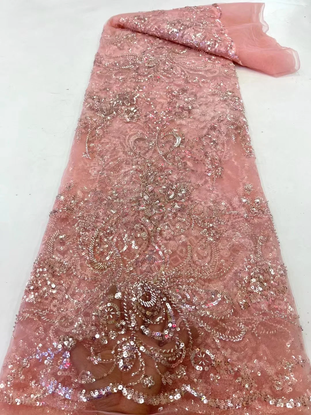 

French Latest Pink Handmade Sequins Lace Fabric 2022 High Quality Luxury Heavy Beaded Tulle Lace Nigeria For Wedding Dress Sew
