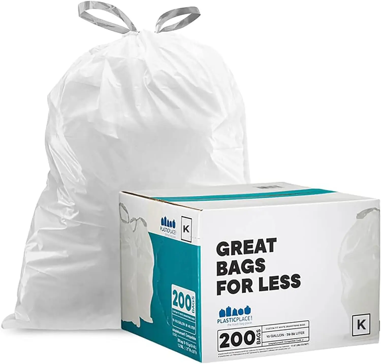 

Custom Fit Trash Bags, Compatible with simplehuman Code K (200 Count) White Drawstring Garbage Liners 10 Gallon / 38 Liters,