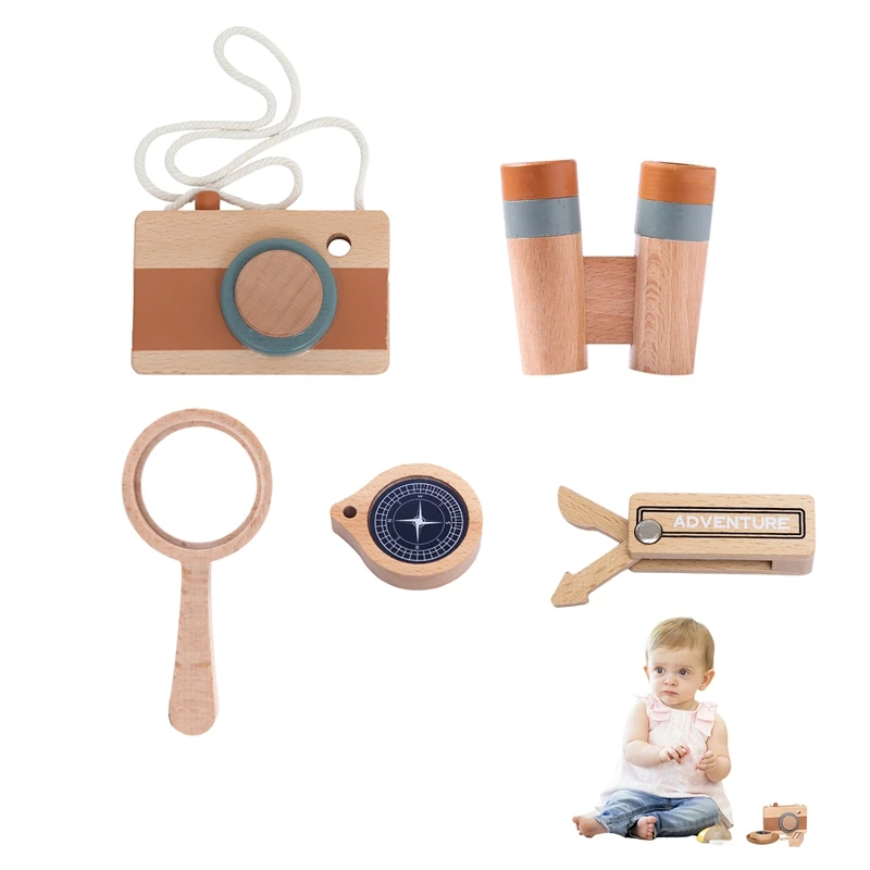 5pcs Outdoor Montessori Adventure Set Wooden Telescope Compass Toy  For Children Wooden DIY Presents Nursing Gifts Outdoor Toys