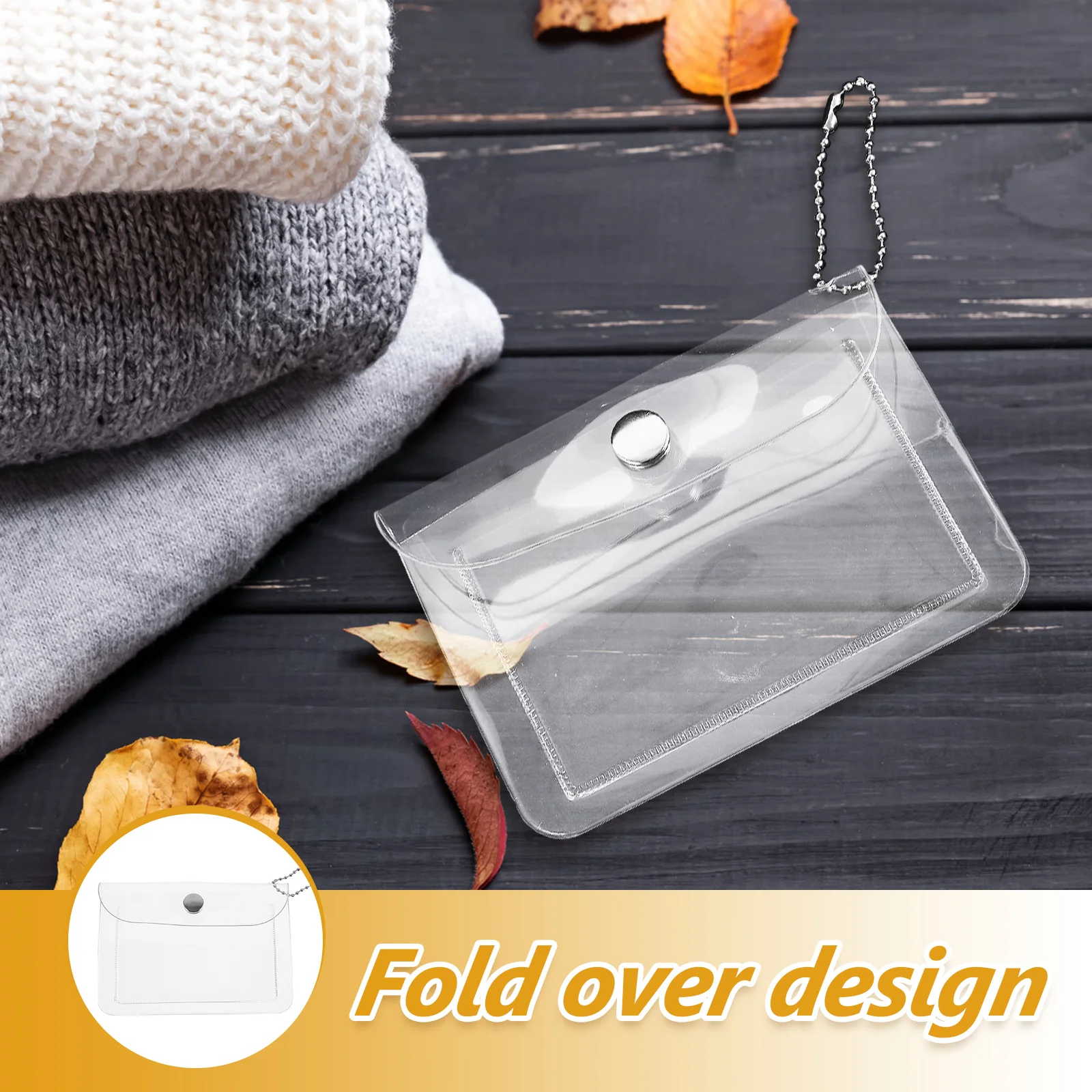 

2Pcs Transparent Clear Wallet Coin Purse Portable Fold-Over Design Snap Closure Neck Strap Durable Storage Bag for Cards Change