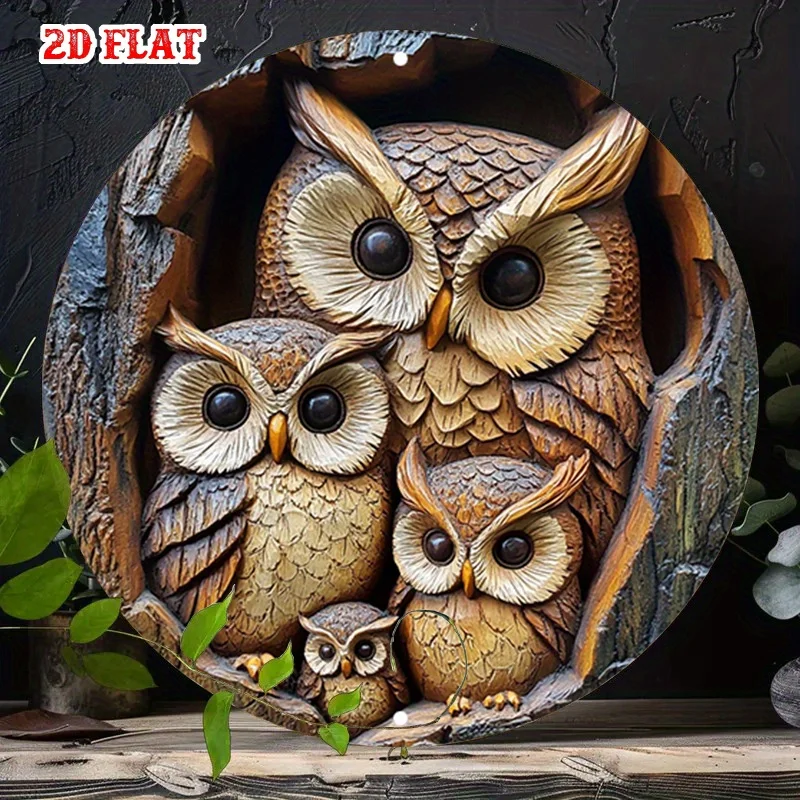 2D Flat Carved Owl Metal Wall Art - Intricate Tree Trunk Design with Realistic Feathers, 19.81x19.81 cm Round Aluminum Sign fo