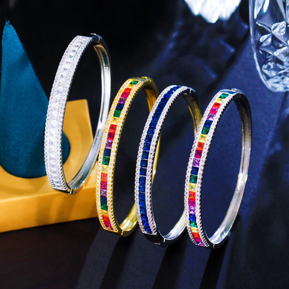 Pera Excellent Quality Colorful Cubic Zircon Big Open Cuff Hand Jewelry Bridal Wedding Bangles for Women Party Accessories Z080
