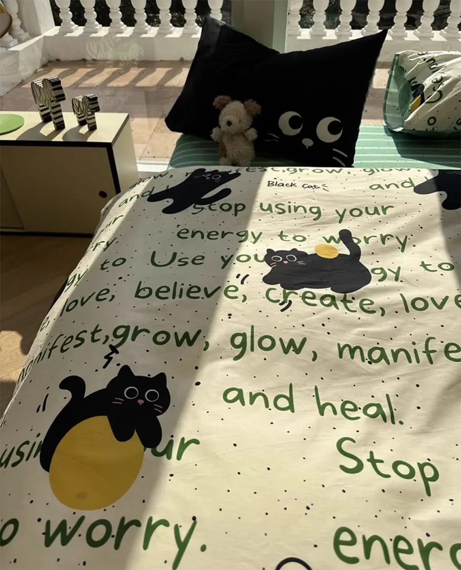 Cute fashion black cat green letter bedding set kid,twin full queen modern cotton home textile bed sheet pillow case quilt cover