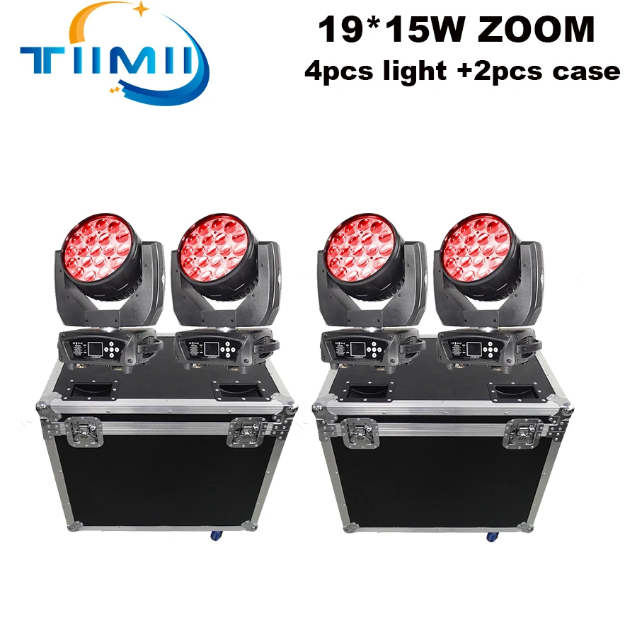 

No Tax 4pcs Cases LED Beam Light 19X15W Zoom Wash Light RGBW Moving Head Lyre Beam Professional DJ Disco Lights Flightcase