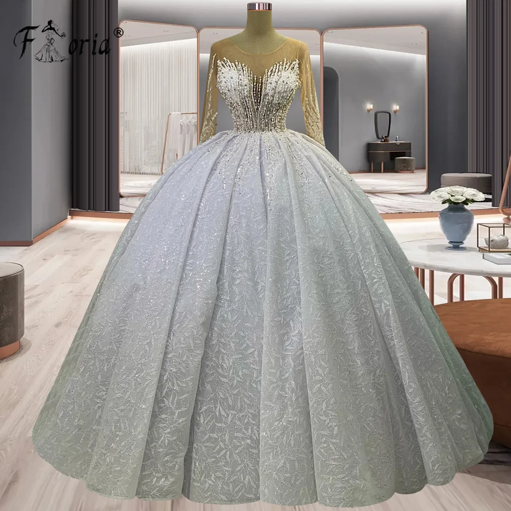 Luxury Women's Lace Beaded Wedding Dresses Ball Gown Floor Length Bridal Dress Sheer Neck Dubai Muslim Princess Vestido De Noiva