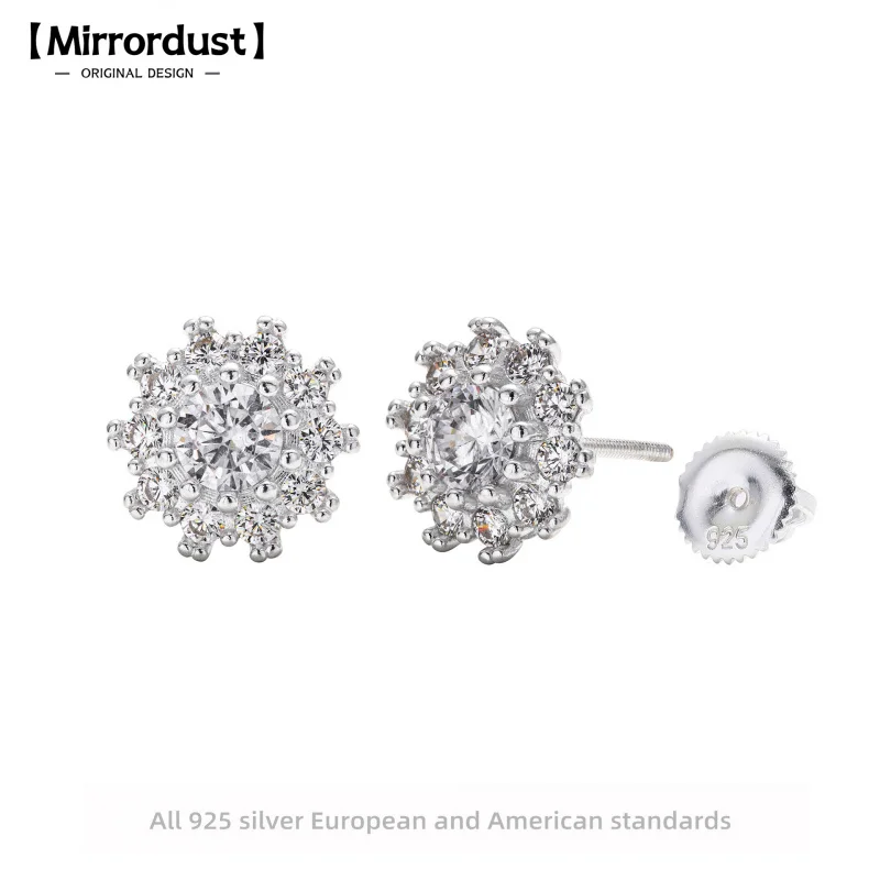 

【Mirrordust】Новые серьги из стерлингового серебра S925, инкрустированные цирконом, круглые серьги-гвоздики с подсолнухом, модные деловые украшения для женщин