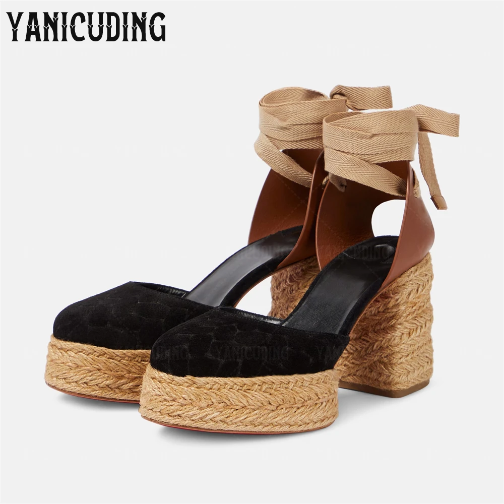 

Suede Platform Espadrille Sandals Ankle Strappy Chunky Heel Sandals Designer Style Braided Jute Heel Handmade Summer Shoes Women