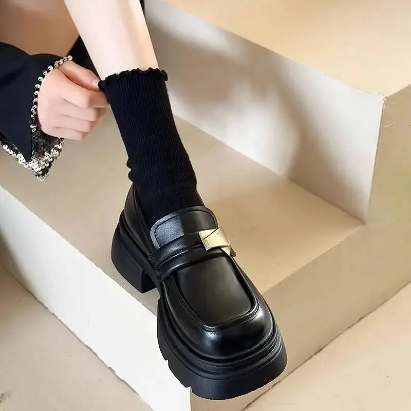 

Women Thick Sole Leather Shoes 2025 Autumn Women's Black Loafers Platform British Slip On Mary Jane Shoes Versatile Design