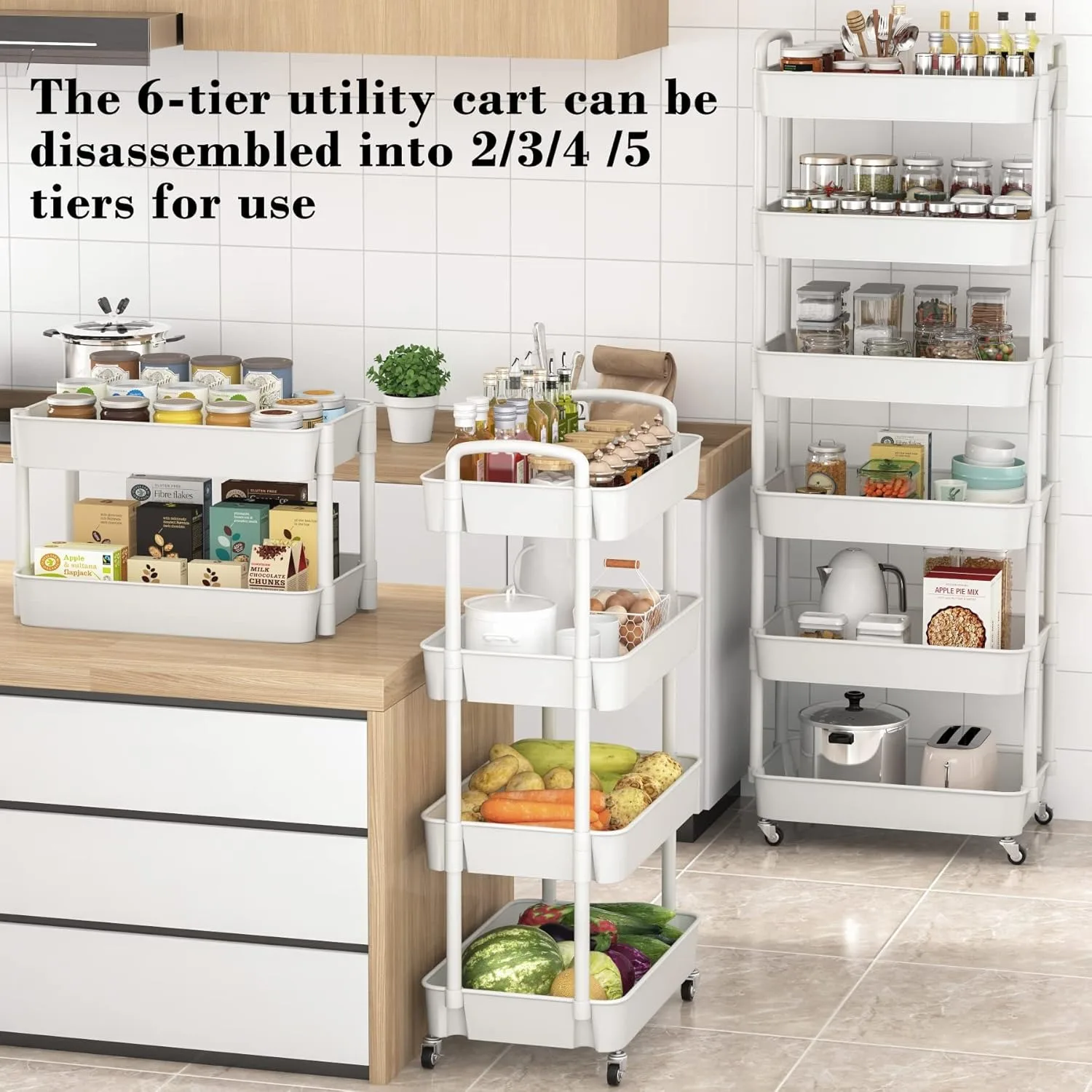 6-Tier Plastic Rolling Utility Cart with Handle, Multi-Functional Storage Trolley for Office, Living Room, Kitchen, White