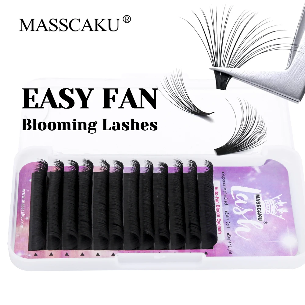 

12 Lines MASSCAKU 3D Effect Handmade Automatic Fanning Eyelashes C D Curl Wispy One Second Flowering Eyelash for Beauty Salon