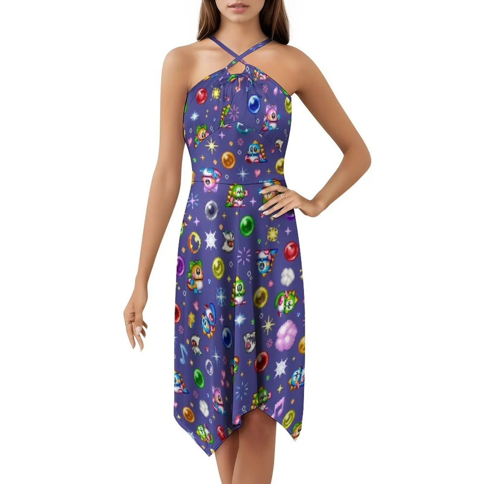 فستان قصير على طراز Preppy باللون الأزرق الفقاعي للنساء على شكل حرف a فضفاض مناسب فستان يوم غير رسمي لغز فقاعة مزركشة فقاعة