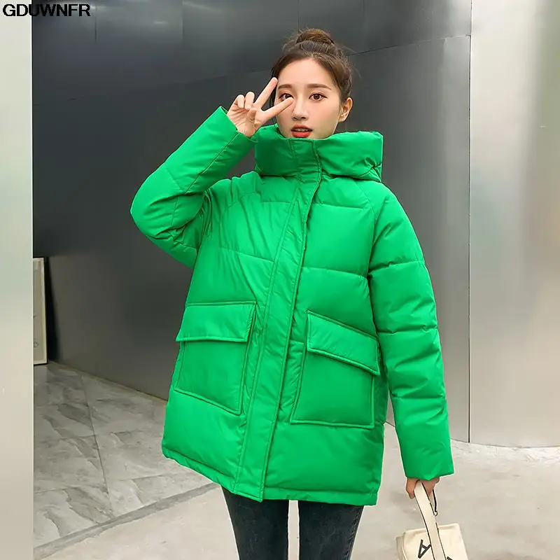 

2023 New Winter Causal Thicken Warm Medium Long Chic Parka Women Sweety Solid Big Pocket Loose Hooded Coat Jackets Outwear