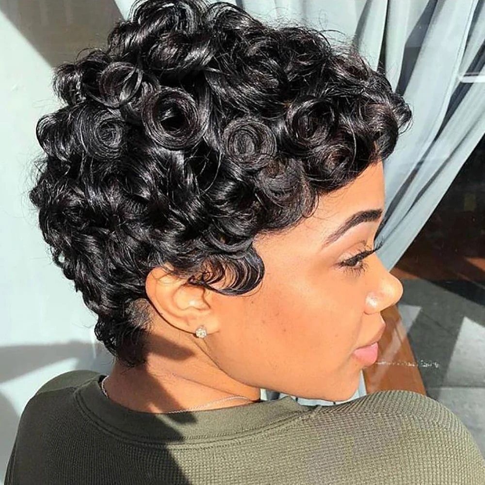Kurze, gelockte Pixie-Schnitt-Perücke, brasilianische Echthaar-Perücken mit vorgezupftem Pony für schwarze Frauen, komplett maschinell hergestellt, bereit zum Tragen