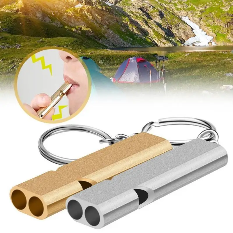 2Pcs Outdoor Survival Whistle High Decibel Emergency Keychain Dual Tube Safety Whistle Aluminum Hiking Camping Gear