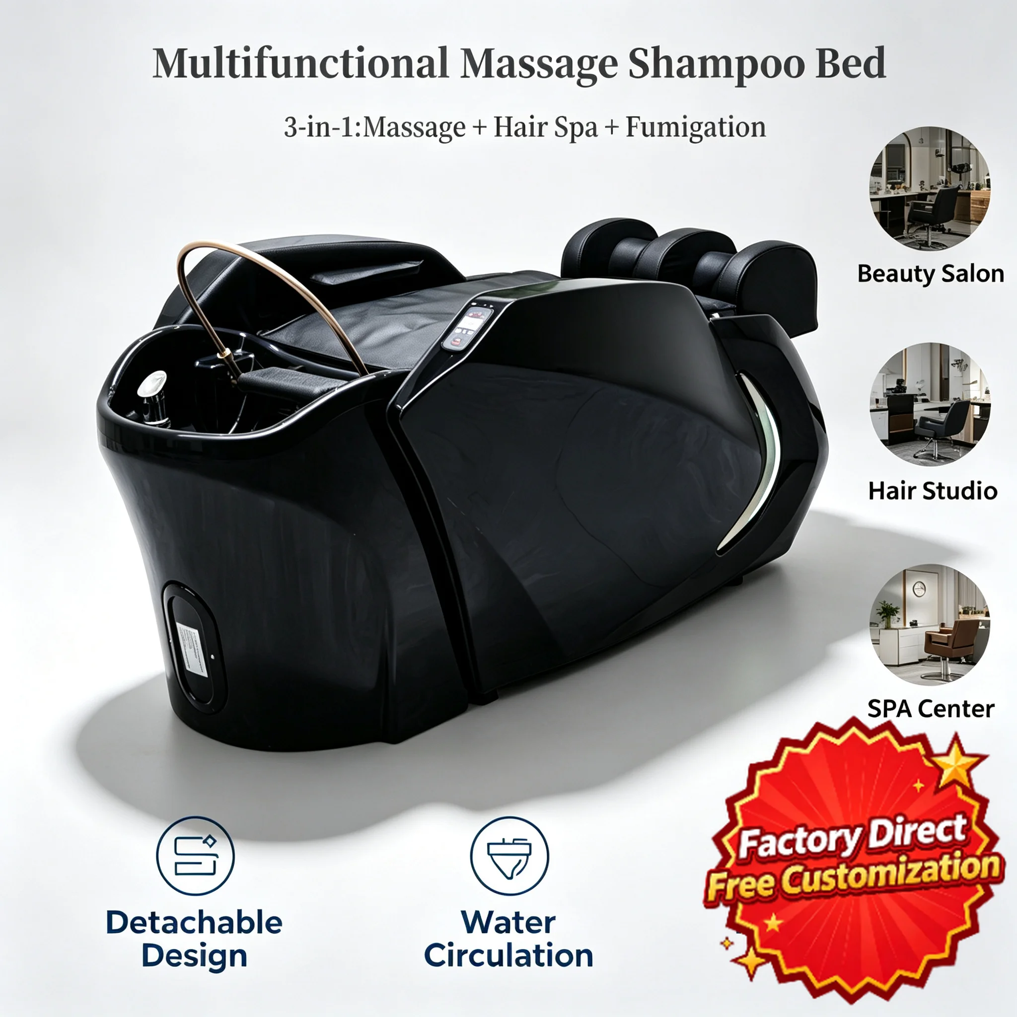 Luxury Electric Lift Massage Shampoo Bed LED Light Water Circulation Reclining Head Spa for Salon Barbershop