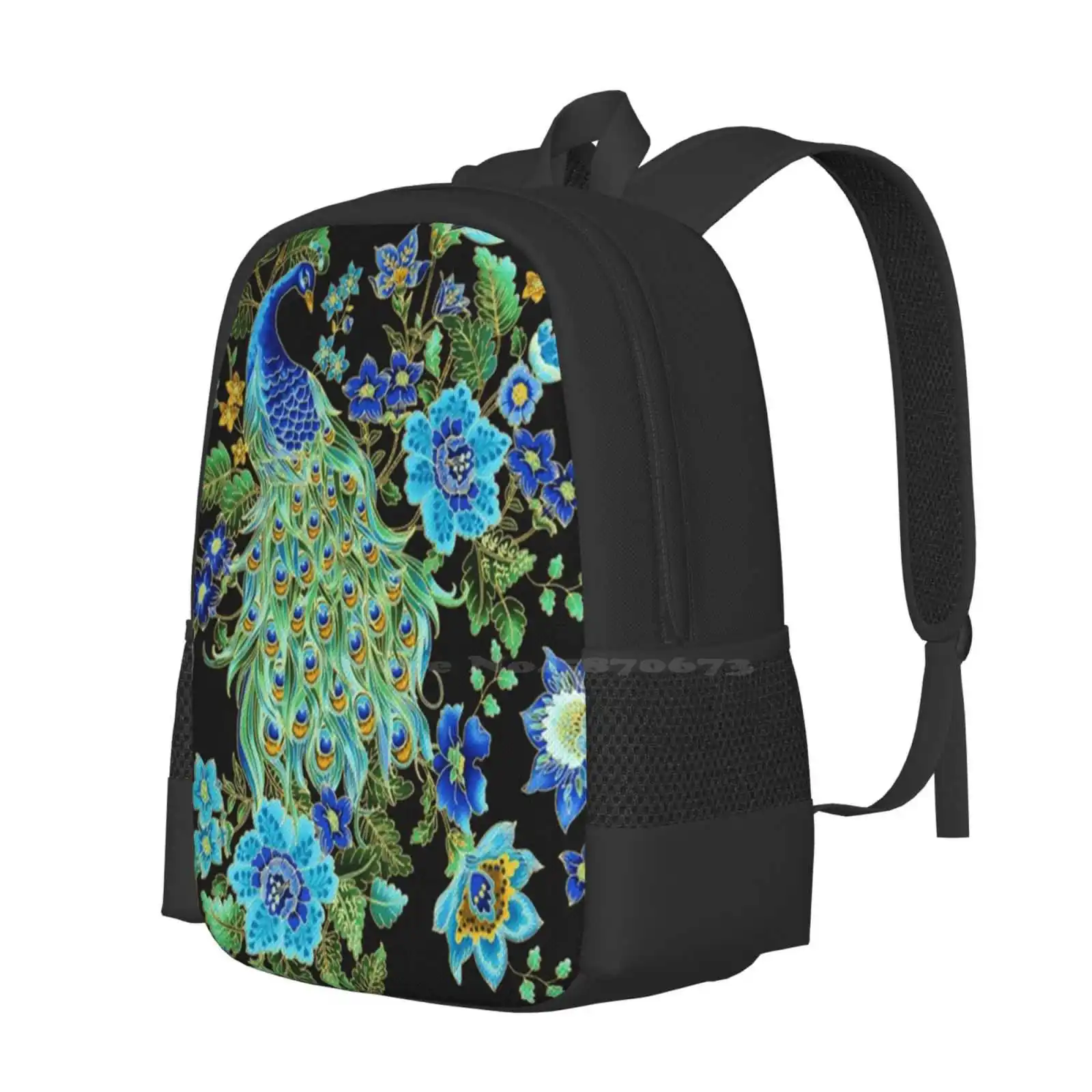 Peacock On Black School Bags For Teenage Girls Laptop Travel Bags Peacock Feather Color Abstract Romantic Nature Fauna Birds