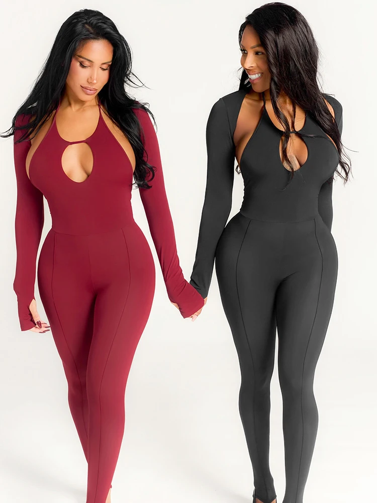 kliou Solid Jumpsuits Women Classic Simple Halter Hollow Cleavage Backless Slim Overall+Full Sleeve Cardigan Mujer Sexy Clubwear