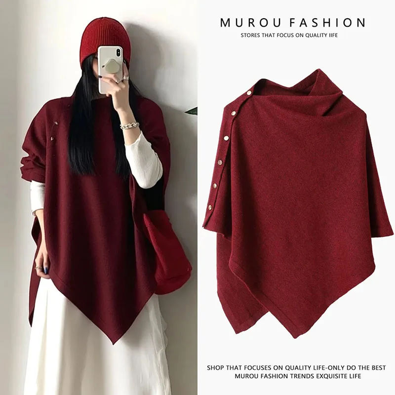 

Solid Color New Shawl With Spring Autumn Knitted Oblique Button Shawl Loose Cloak women Joker Shoulder Round Neck Pullover