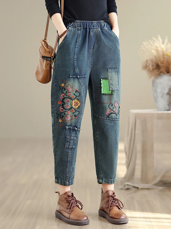 Pantaloni di jeans ricamati patchwork retrò Pantaloni lunghi Harlan di nove pezzi in vita elastica casual allentata da donna Nuovo arrivo autunnale
